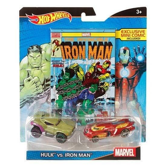 Hot Wheels Marvel Hulk vs. Iron Man Character Car 2-Pack with Mini Comic